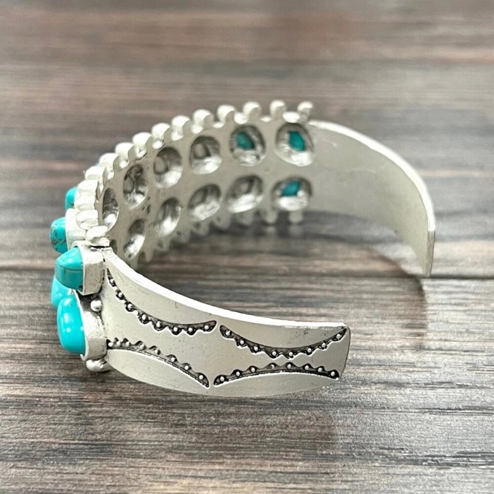 Turquoise Cuff Bracelet Western Boho Statement Silver Tone Multi Stone - Picture 2 of 3